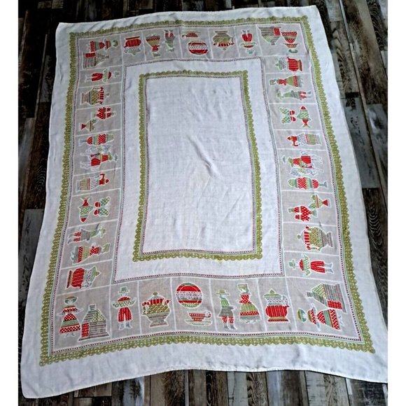 Vintage Block Print Tablecloth Mid Century Pennsylvania Dutch Red Green 66x50 - Picture 1 of 5